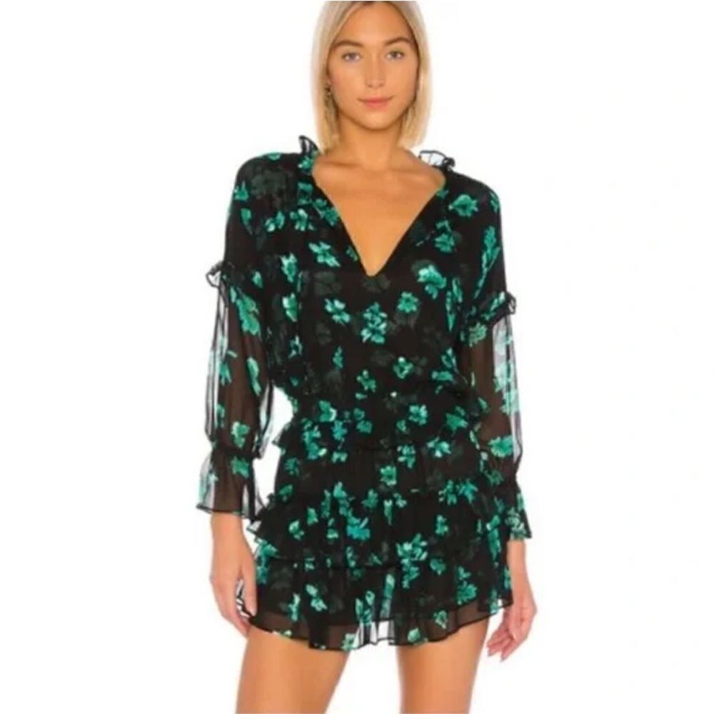 New MISA LOS ANGELES LOLITA Mini DRESS Small Emerald Green Black Floral Revolve
